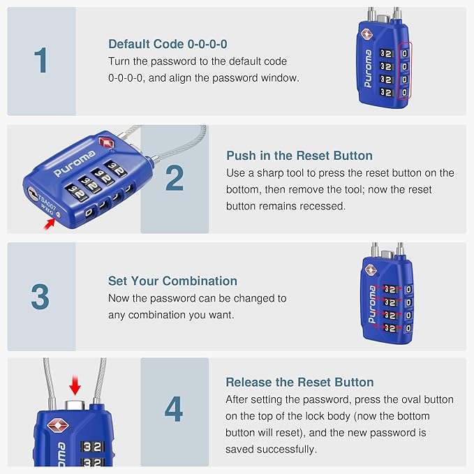 Puroma 2 Pack TSA Approved Luggage Locks, 4 Digit Combination Travel Cable Locks Resettable Code Lock with Zinc Alloy Body for Suitcase, Toolbox, Backpack, Bag, Gym Locker (Basic Blue)