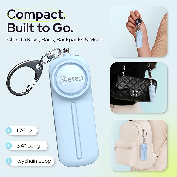 Personal Safety Alarm Keychain for Women - 130dB Siren, LED Light, Panic Pin – Self-Defense Device and Emergency Whistle Alternative for College, Travel, and Night Walk Protection by Weten (Blue)