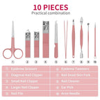ZIZZON Travel Mini Manicure Set Nail Clipper Set 10 in 1 Stainless Steel Pedicure Care Grooming kit with Case Pink