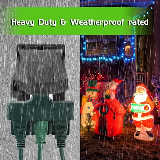 Outdoor Plug Extender, 3 Outlet Splitter with Safe Cover, Heavy Duty Waterproof Multi Plug for Christmas & Holiday Decorations, 1875W/15A ETL Listed, Green, 2 Pack
