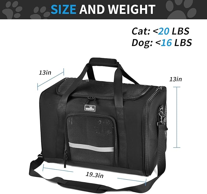 Wakytu Dog Carriers for Small Dogs, Cat Carrier Travel, Expandable, Collapsible, 900D High Density Oxford Cloth, Wear-Resisting, Anti Tearing, Reflective Tape,Safety Lock Zipper