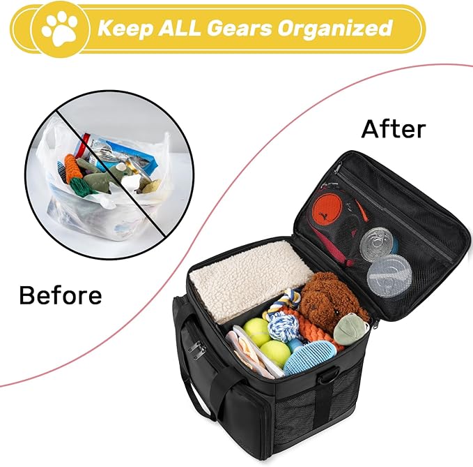 6 Set Dog Travel Bag, Large Pet Travel Kit for Supplies Includes 2 Food Containers, 1 Pet Organizer for Dogs, 2 Collapsible Bowls, 1 Treat Pouch, Dog Weekend Overnight Bag Luggage, Black