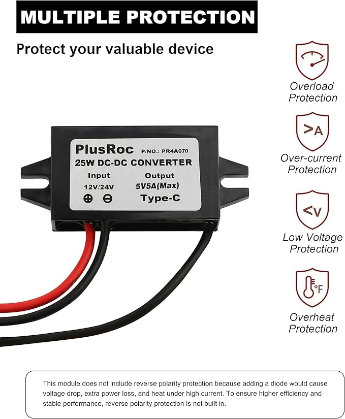 PlusRoc Waterproof DC 12V/24V to 5V 5A Step Down Converter, 25W USB-C Power Adapter for Raspberry Pi 5, Pi 4, Cellphone, and More (2-Pack)