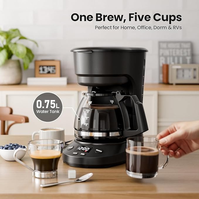 Kismile 5-Cup Drip Coffee Machine with LED Display, Small Coffee Maker with Anti-Drip, Timer, Auto Shut-Off, Dry-Boil Protection, Removable Funnel, Compact, Ideal for Home & Office