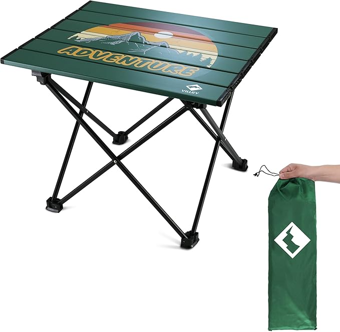 VILLEY Portable Camping Side Table, Ultralight Aluminum Folding Table with Mountain Silhouette Print and Carry Bag for Camping, Picnic, Beach, Travel