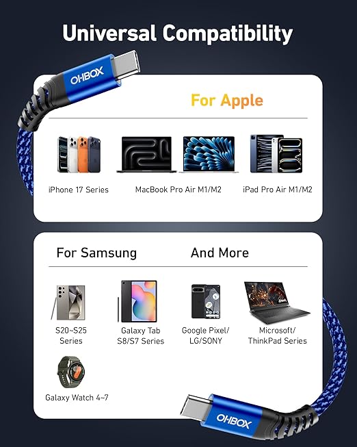 USB C to C Cable Fast Charging 6FT, 2Pack USB Type C Cable for Car Durable Braided iPhone USB C Charger Cable USBC to USBC Cord for iPhone 17/16/15/Pro Max/Plus, Samsung Galaxy S23 and More-Blue