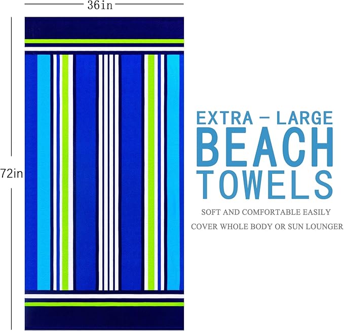 Oversized Terry Beach Towel 36 x 72 in Soft Extra Large Big Pool Swim Towels for Adults XL Clearance Big Travel Blanket Cruise Vacation Accessories Essentials Lounge Chair Cover Blue Green