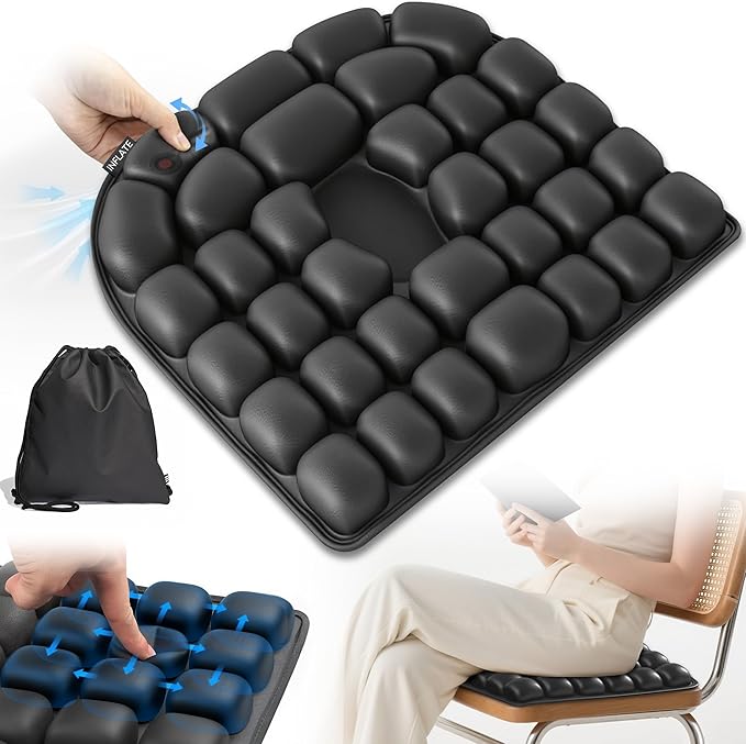 Upgrade Airplane Seat Cushion with No External Air Pump, Inflatable Seat Cushion for Long Flights, Portable Wheelchair Cushions, Adjustable Air Cushion with Non-Skid Bottom Relief Discomfort in Coccyx