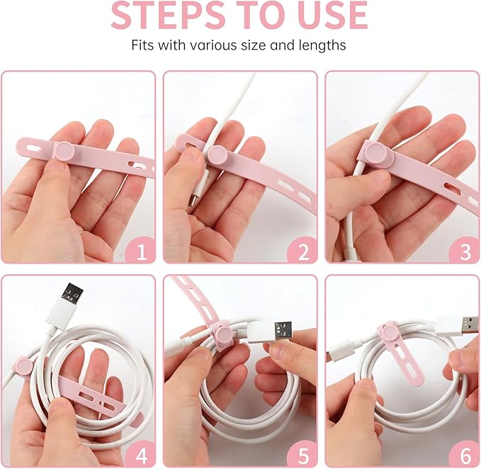 Oligei 25 Pcs Silicone Cable Ties, Cable Ties Reusable, High Elasticity Cord Wraps for Electrical Cords, Cord Organizer for Earphone, Phone Charger(Pink)