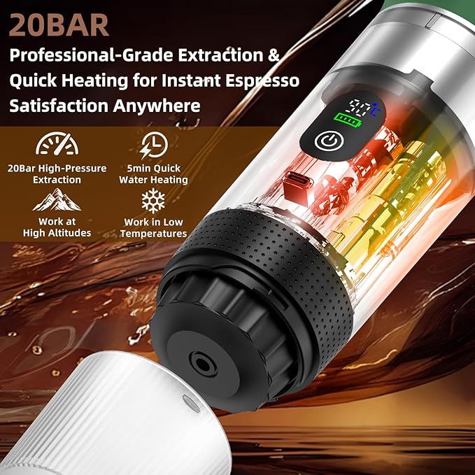 Portable Coffee Maker for Travel & Camping, Portable Espresso Maker with Bag, Rechargeable Cordless Battery Operated Coffee Makers for Ground Coffee, NS Capsule RV, Hiking, Office(Green)