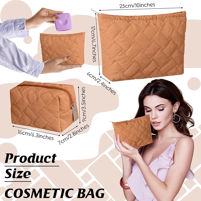 Huhumy 2 Pc Christmas Gift Makeup Bag Set Cute Quilted Cosmetic Pouch for Women Travel Toiletry Bag Preppy Small Makeup Purse Pouch Skincare Brushes Storage Organizer Pencil Case Set(Brown)