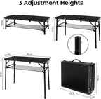 Folding Camping Table with Storage Net,3ft Portable Aluminum Folding Table with 3 Adjustable Height Max 27.3 Inch for Outdoor Backyard BBQ Picnic Cooking Tents Beach Indoor Bedroom（Black）