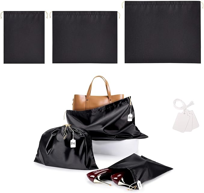 Ewen Small Medium Large Satin Drawstring Dustbags with Tags, 3 Pack Dustproof Travel Essentials Organizer Bags for Handbags, Black Packing Bags for Closet Home Storage Jewelry Shoes Purse Organization