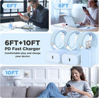 Hzevn 20W USB C Fast Charging for iPhone 17 Air/16/15 Pro Max,3Pack Colorful Mixed Charger Block with Braided Long USB C to C Cables (6/6/10ft) Compatible with iPhone16/15 Pro/15 Plus/iPad Pro