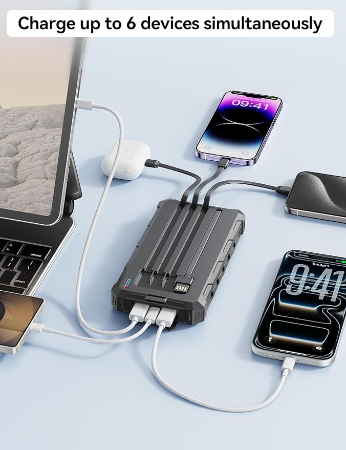 Solar-Charger-Power-Bank - 20000mah Solar Powered Battery Charger Cell Phone,20W Fast Charging Built in Cables,Camping Essentials Portable External Battery Pack Compatible with Multiple Devices