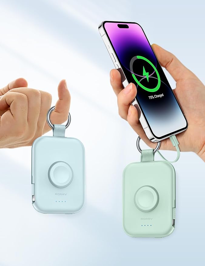 RORRY CharmGo Portable Charger, 5000mAh Portable Charger Power Bank with Built-in Cables, Travel Keychain Battery Pack for Apple Watch and iPhone Air/17/16/15/14/13/12, Black