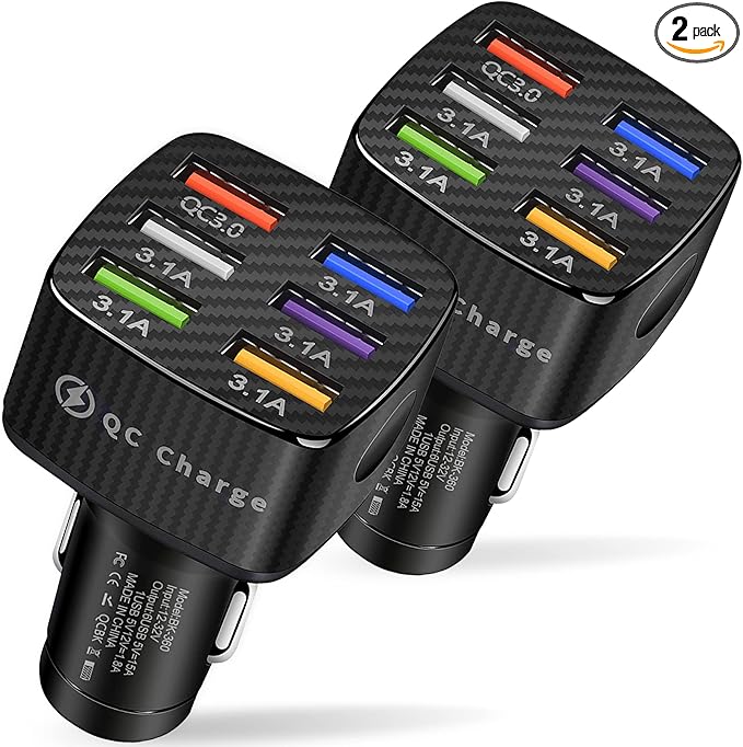 Amiss Car Charger Adapter, 6 USB Multi Port, Fast Charger, Include QC 3.0 and 5 Other Ports, Car Interior Accessories, Fit for iPhone 17/16/15/14/13Pro Max, Samsung, Android (Black 2pcs)