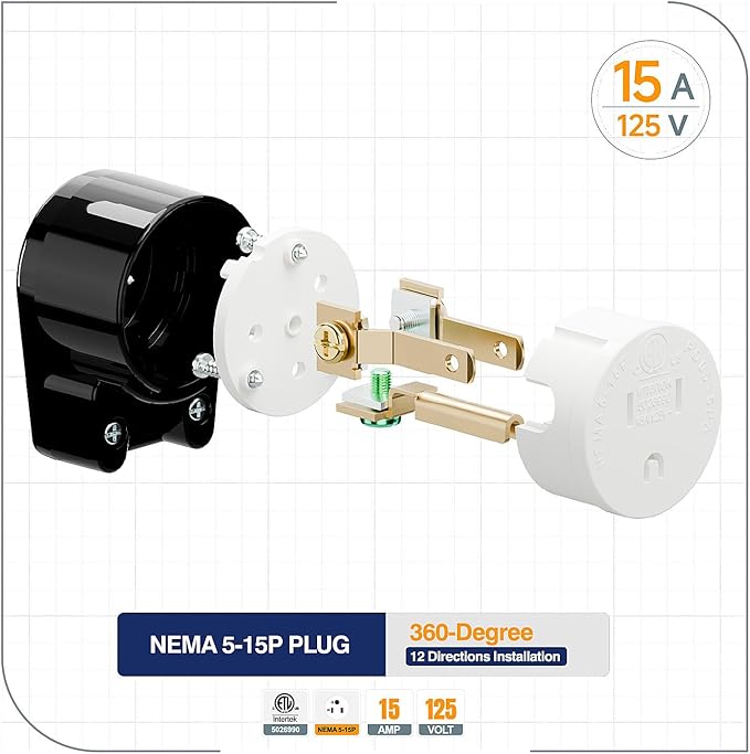 (3PACK) ETL Listed 90 Degree USA Canada Male Plug Nema 5-15P 3 Pole Angle DIY, 15A 125V USA 3Pin Right Angle AC Plug, Nema 5-15P Angled Rewireable