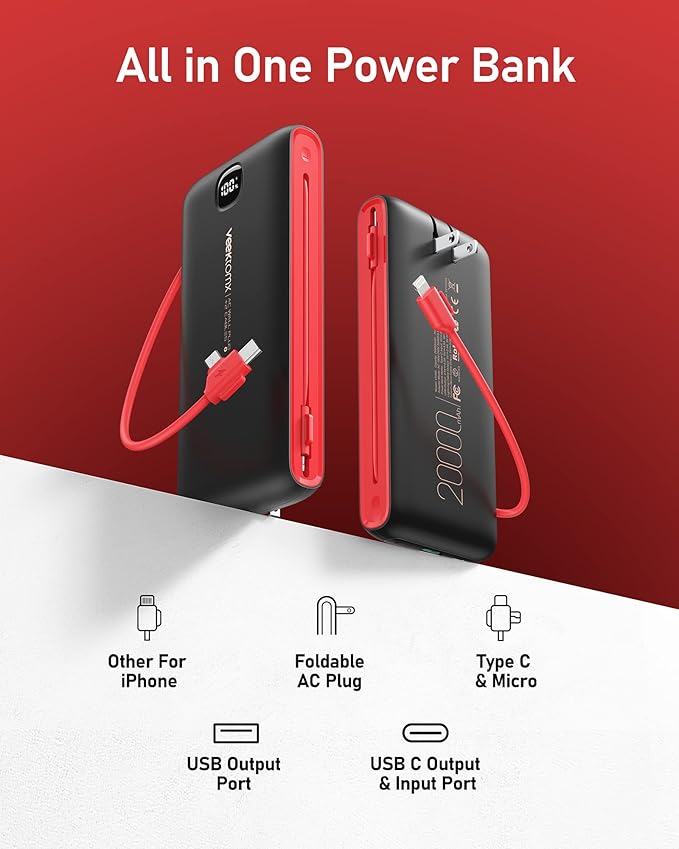 VEEKTOMX Portable Charger with Built in Cables 20000mAh, Power Bank for iPhone with AC Wall Plug, Fast Charging USB C Slim Battery Pack with LED Display Compatible with iPhone 17/16/15, Samsung