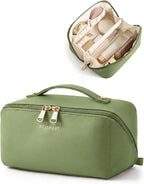 BAGSMART Makeup Bag Travel Cosmetic Bag, Large Make Up Bag Flat Open Toiletry Bag for Women, PU Leather Travel Essentials Organizer Case, Wide-open Pouch Purse for Skincare, Brushes, Dark Green