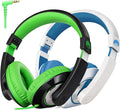 rockpapa Comfort Kids Headphones for School, Lightweight Foldable Portable Childs Boys Girls Teens Headphones Wired 3.5mm with 4.9ft Cord for Travel Airplane Tablet Phone Laptop Black/Green+White/Blue