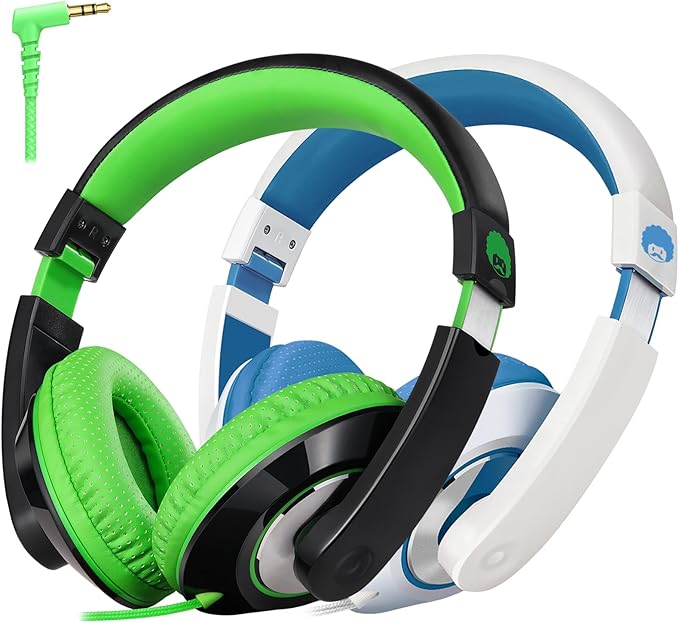 rockpapa Comfort Kids Headphones for School, Lightweight Foldable Portable Childs Boys Girls Teens Headphones Wired 3.5mm with 4.9ft Cord for Travel Airplane Tablet Phone Laptop Black/Green+White/Blue