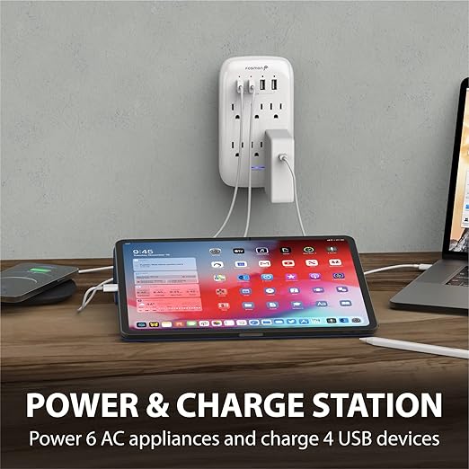 Fosmon 6 Outlet Wall Mount Surge Protector, 3-Prong Surge Suppression 1200 Joules, 15A 125VAC 60Hz 1875Watts Wall Outlet Adapter, Grounded LED, ETL Listed (4 USB-A (1 Pack))