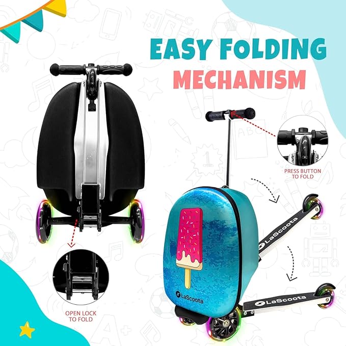Lascoota Foldable Ride-On Suitcase - Lightweight Luggage with Easy-Glide Wheels - LED Lights for Kid Suitcase - Foldable Luggage Converts to Ride-On - Video Game, Unisex Child, 12.75 x 20.6 x 10.6 in