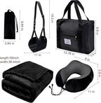 Travel Pillow and Blanket Set & Foot Rest, Memory Foam Neck Pillow Airplane Blanket & Airplane Foot Hammock & Foldable Duffel Bag, Eye Mask & Earplugs, Portable Travel Accessories Essentials, Black