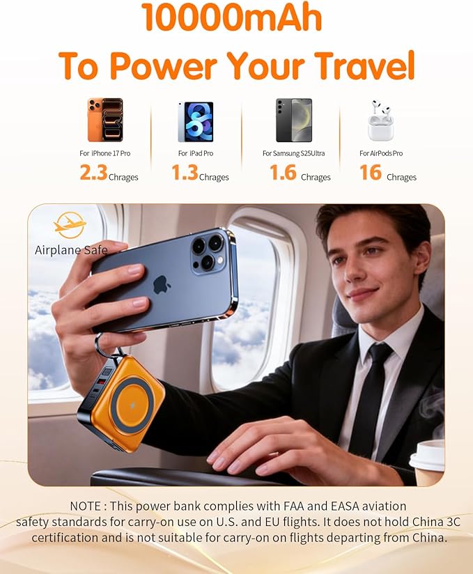 6-in-1 for Magsafe Portable Charger with Built-in Cables & Wall Plug,10000mAh Magnetic Wireless Power Bank,22.5W Fast Charging USB C Battery Pack,Travel Essentials for iPhone 17/16/15/14/13/12,Orange