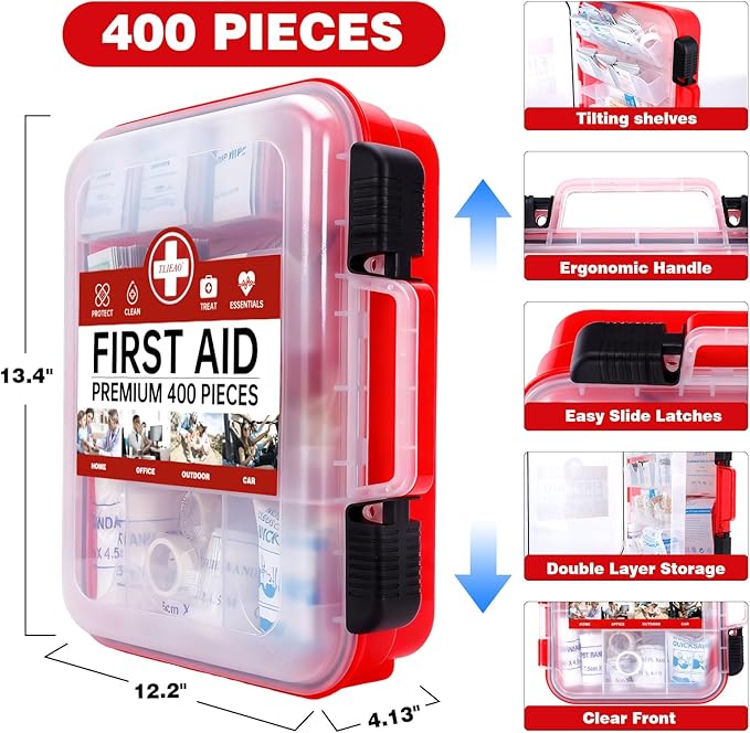 400 Pieces All-Purpose First Aid Kit - Organized Dual-Layer Wall - Professional Medical Kit for Home, Car, Camping, Travel, Office, Outdoor, Business & Sports