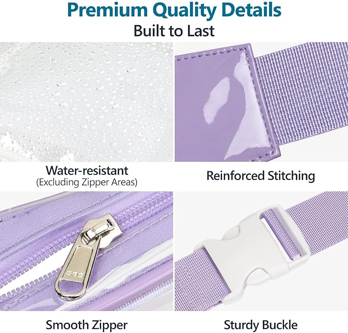 Veckle Clear Fanny Pack Stadium Approved - Plus Size 35-51 Inch Adjustable Strap Transparent Belt Bag for Women Men Fits 7.5" Smartphone, Crossbody Clear Bag for Stadium Events Sports Concerts, Purple