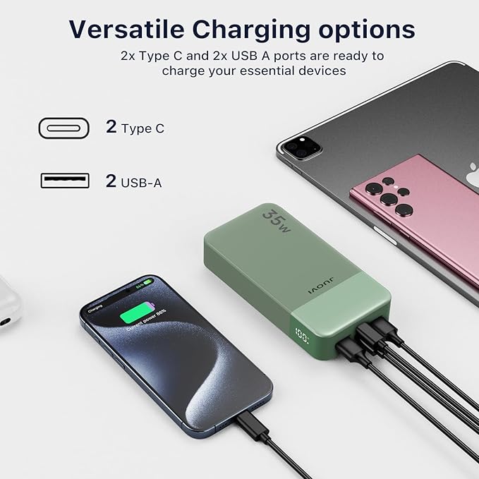 JUOVI J2651 Portable Charger, 35W 20000mAh USB C in & Out Power Bank, Battery Pack with QC4.0+PD3.0 35W High-Speed Charging for Bluetooth Earbud, Mobile Phone, Tablet (Green)