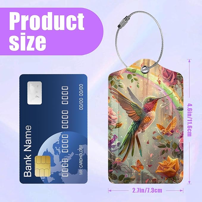 3 Pack Hummingbird Flowers Luggage Tags for Suitcase Floral PU Leather Travel Luggage Tag Privacy Cover ID Label for Women Men Baggage Backpack Handbag School Bag