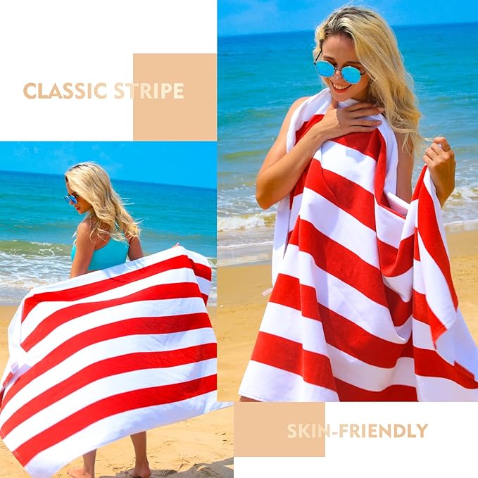 Exclusivo Mezcla 2 Pack Cotton Large 30x60 Inches Cabana Stripe Beach Towels, Super Absorbent Soft Plush Pool Towel Bath Towel (Red)