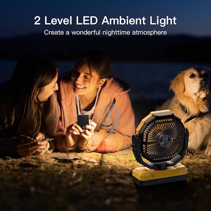FRIZCOL 3-in-1 Camping Fan - Portable Fans Rechargeable - 24000mAh Battery Powered Fan with Light & Remote for Indoor, Outdoor, Tent, Travel, Fishing, Jobsite, Gifts for Men Dad Him - Yellow