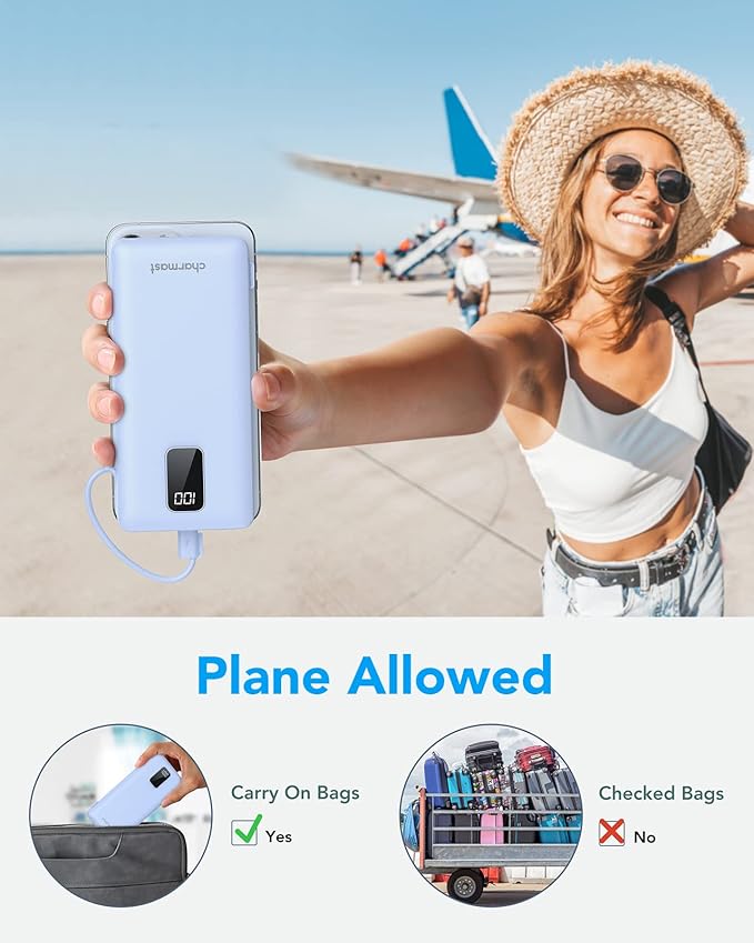 charmast Portable Charger with Built-in Cables and Wall Plug, 10000mAh USB C Portable Power Bank, Potable Phone Charger, Travel Essentials Compatible with iPhones, Samsung Galaxy, iPad