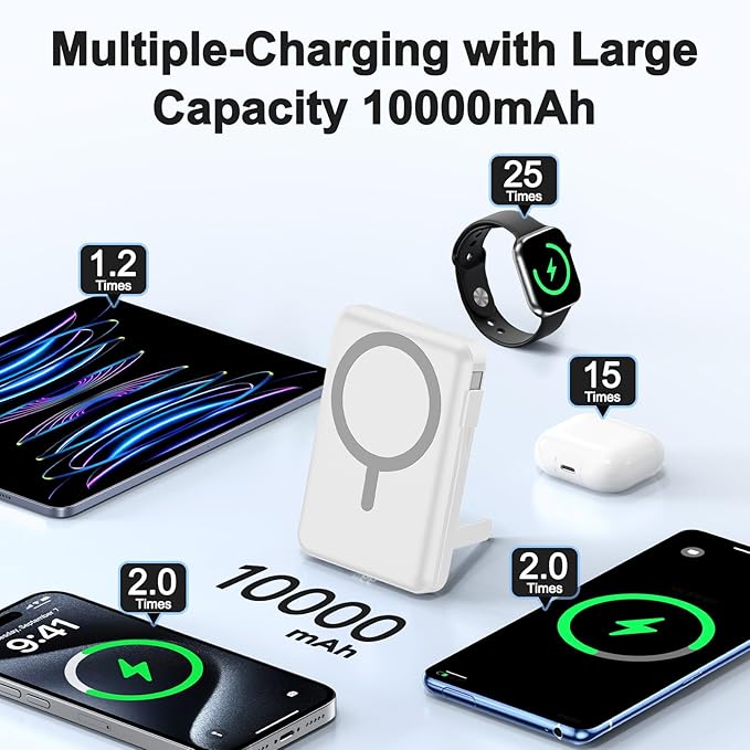 Magnetic Portable Charger, 10000mAh Wireless Power Bank for iPhone with Built-in Cables, 20W Fast Charging for Magsafe Battery Pack with Stand for iPhone Air/17/16/15/14/13/12 and Apple Watch