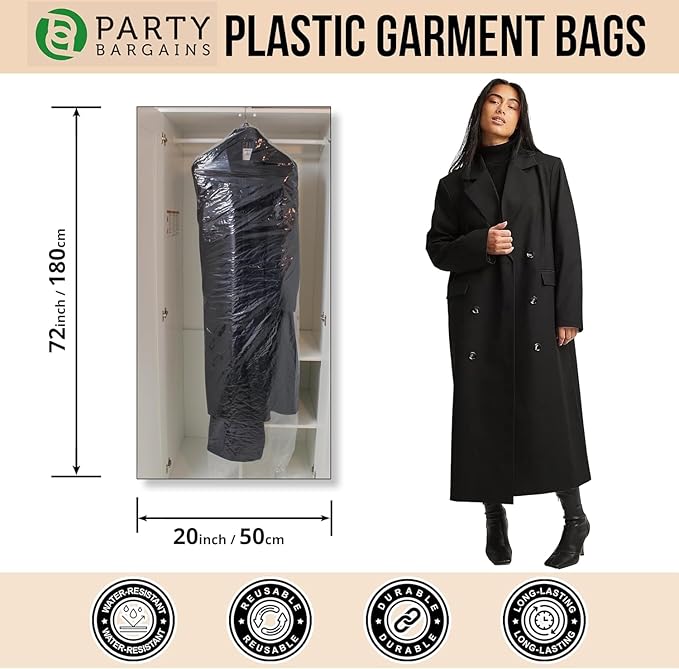 PARTY BARGAINS 72 x 20 Inch Disposable Clear Garment Bags, 100 Pack – Heavy-Duty Plastic Clothes Covers for Suits Dresses Coats, Closet & Travel
