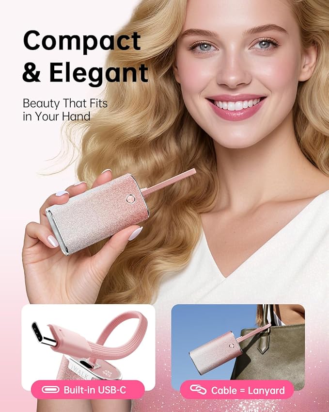 iWALK Sparkly 10000mAh Portable Charger, 22.5W Fast Charging Small Power Bank with Built-in USB-C Cable, Diamond Glitter Ultra-Compact Battery for iPhone 17/17 Pro/16/16 Pro/15, Samsung,ShinyPink
