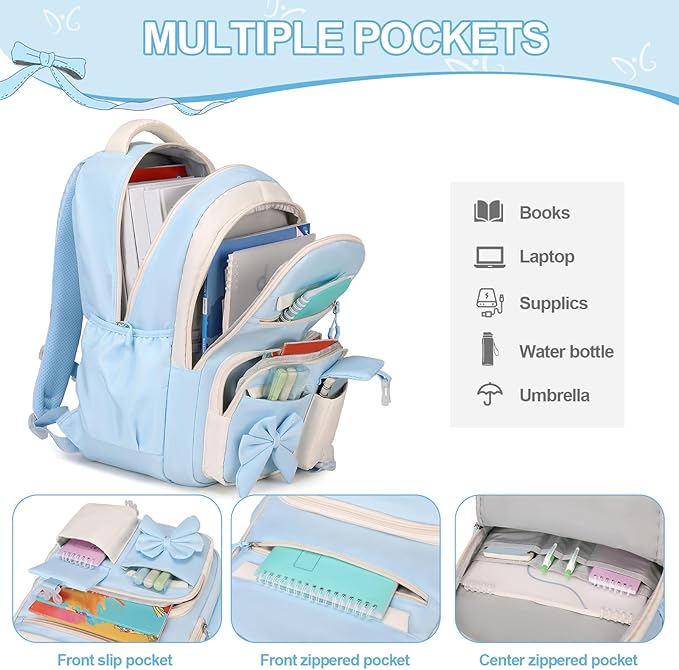 DIGOBAY Backpack for Girls, 3PCS Girls Backpack for School with Lunch Bag Pencil Case, Cute Kids Teens Bookbag for Kindergarten Elementary Preschool Middle School (Blue)