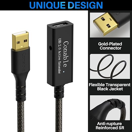 Active USB Extension Cable 150 Feet, USB 2.0 A Male to Female Repeater Cord, with 3 Extension Chipsets Signal Booster, 22AWG Tinned Pure Copper, (AC Power Supply Included)