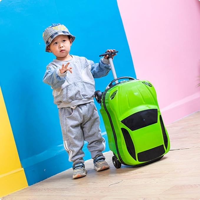 Kids Car Shaped Luggage Telescopic Handle Child's Sit on Suitcase Lightweight 3D Cartoon Car Suitcase for Young Children, Vacation, Airport, White