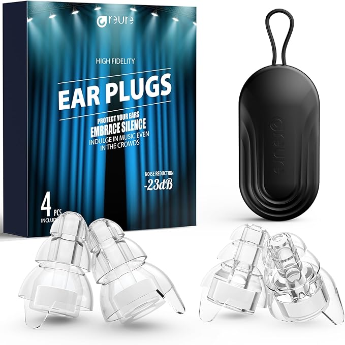 Reure High Fidelity Concert Ear Plugs, Noise Cancelling Silicone Ear Plugs 2 Pairs Great for Concerts Loud Music, Musicians, Motorcycles, Airplanes, Raves, Hearing Protection -23 dB
