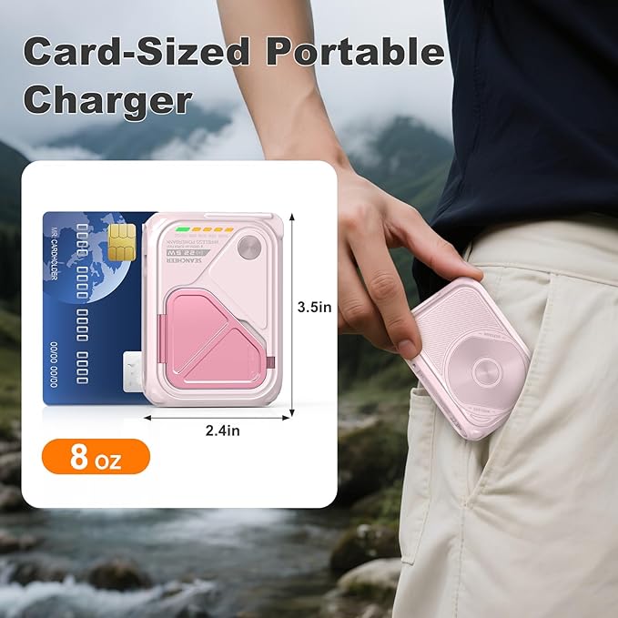 P05 Portable Charger, Magnetic Power Bank, Small Wireless PowerBank,Emergency Battery Pack 10000mAh Travel Essentials Fast Charging with Built in Cable, Wall Plug for iPhone,Samsung,Andriod (Pink)