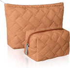 Huhumy 2 Pc Christmas Gift Makeup Bag Set Cute Quilted Cosmetic Pouch for Women Travel Toiletry Bag Preppy Small Makeup Purse Pouch Skincare Brushes Storage Organizer Pencil Case Set(Brown)