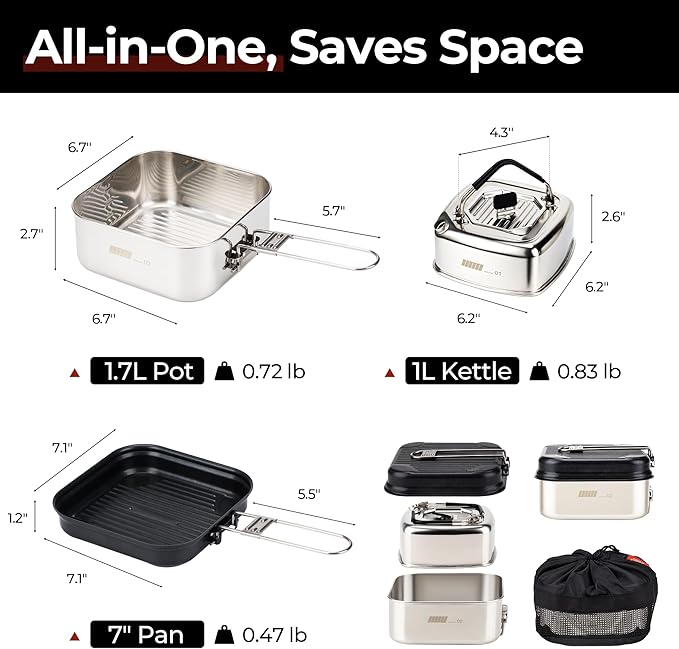 Alocs Camping Cookware Set - Lightweight Camping Pots and Pans - Portable Outdoor Cookware with Kettle - Camping Cookware Mess Kit for 2