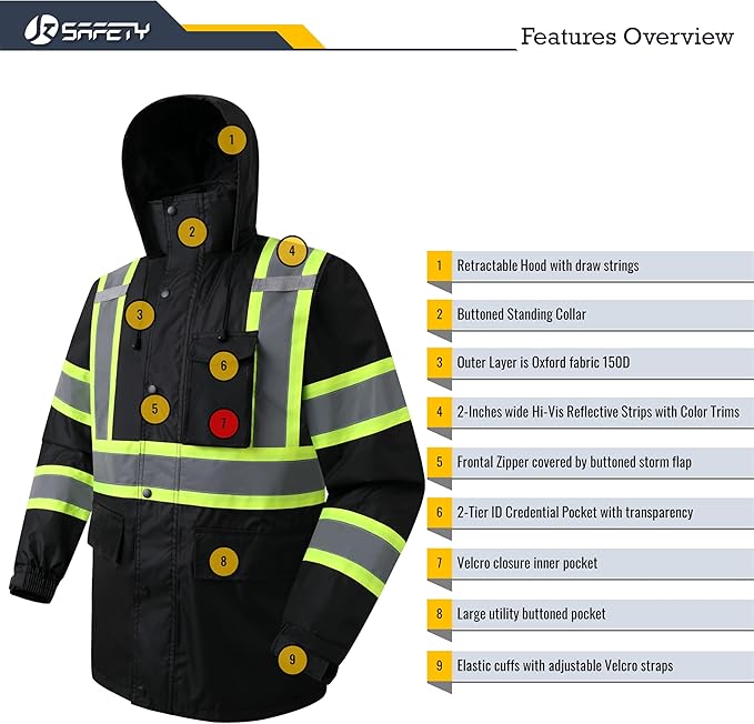 JKSafety Hi-Vis Reflective Safety Rain Jacket and Pants for Men Women Waterproof Rain Gears for Farming Fishing Work HV Rain Suit with Inner Mesh Lining and Pockets (117-Black M)