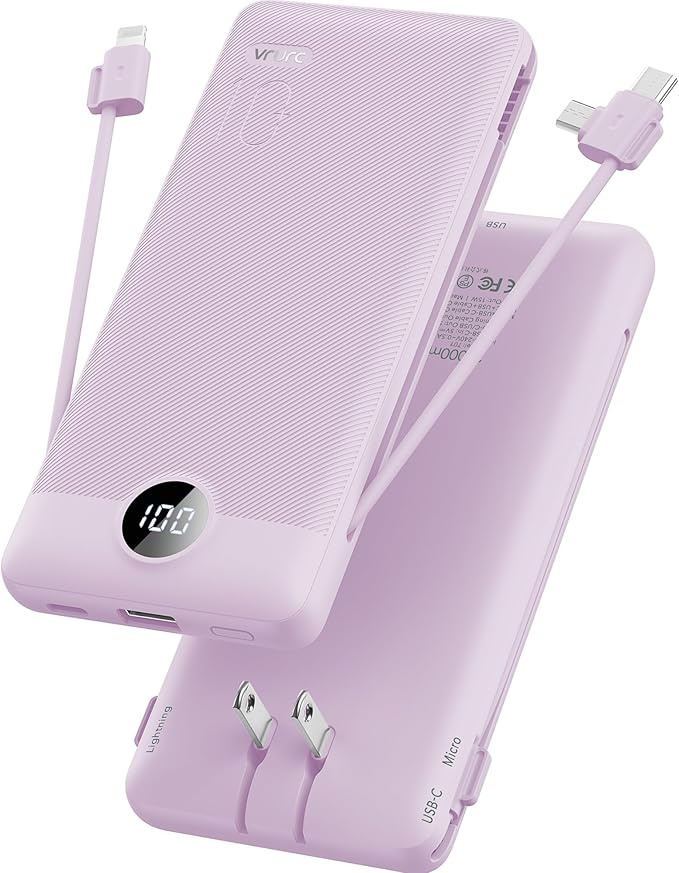 VRURC Portable Charger Built-in Cables and AC Wall Plug,USB C Power Bank 10000mAh, Travel Essentials Phone Charger Compact Lightweight External Battery Pack for Smart Phones, Tablets etc (Purple)