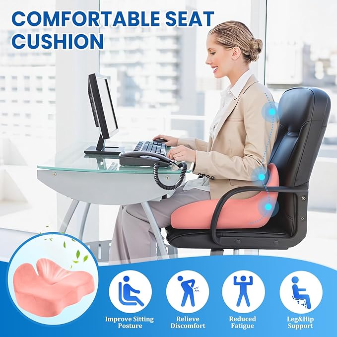 CushZone Seat Cushion, Memory Foam Office Chair Seat Cushion for Office Chairs/Car/Long Trip/Desk Chair/Gaming, X-Large Size for Sciatica & Hip & Tailbone Pain Relief, Sciatica Support (Pink)
